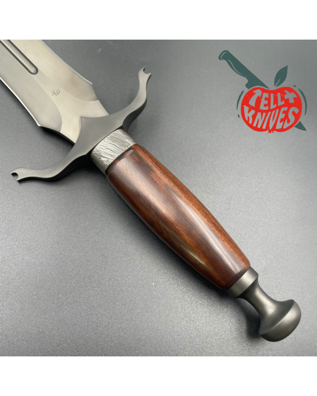 Michal Komorovsky Hunting Dagger Sleipner steel black DLC coating Arizona Ironwood handle brown leather sheath