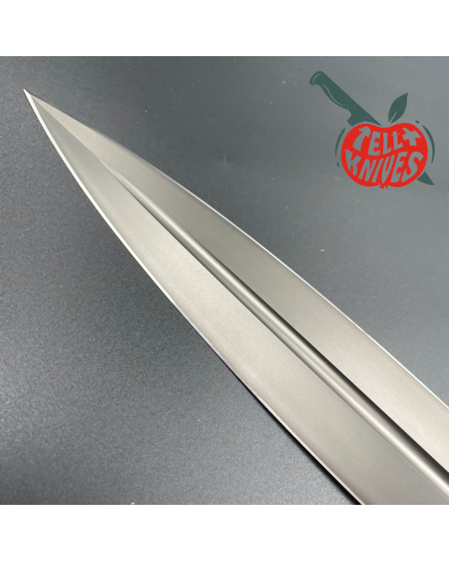 Michal Komorovsky Hunting Dagger Sleipner steel black DLC coating Arizona Ironwood handle brown leather sheath