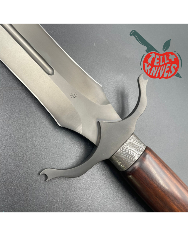 Michal Komorovsky Hunting Dagger Sleipner steel black DLC coating Arizona Ironwood handle brown leather sheath