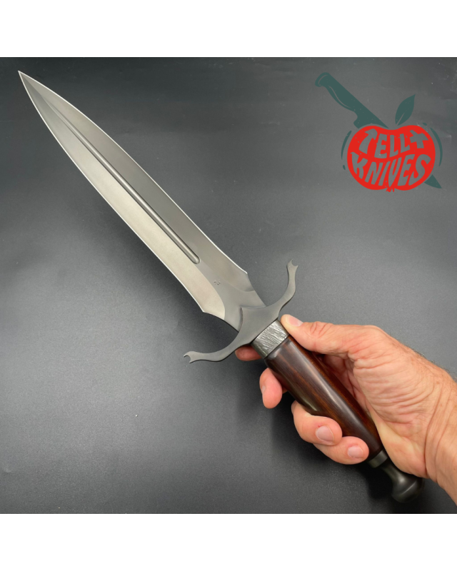 Michal Komorovsky Hunting Dagger Sleipner steel black DLC coating Arizona Ironwood handle brown leather sheath