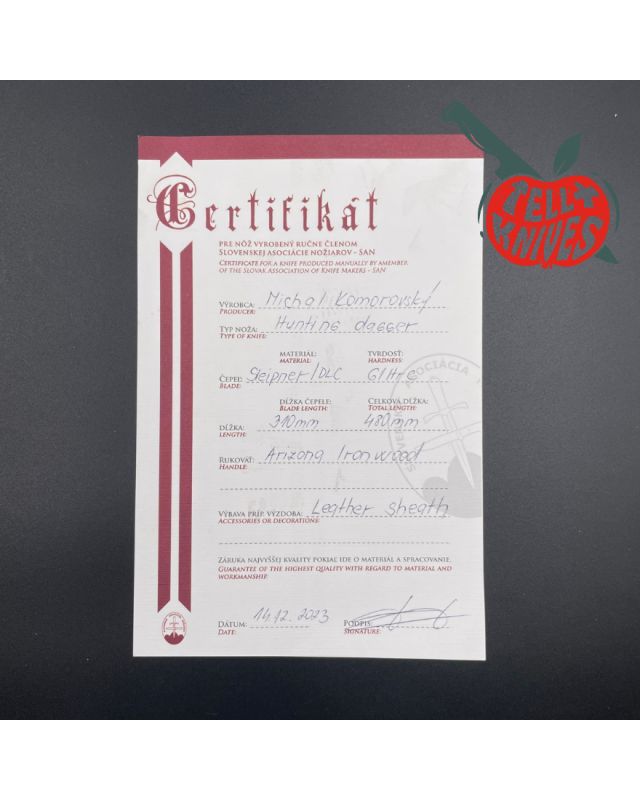 Michal Komorovsky Hunting Dagger Sleipner steel black DLC coating Arizona Ironwood handle brown leather sheath