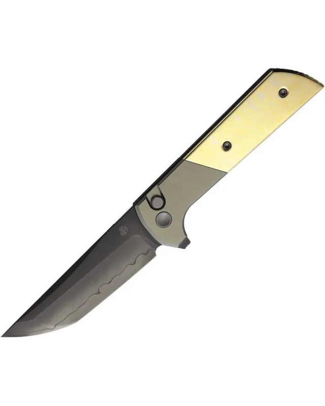 North Mountain Blade Chop2 SAN MAI Tanto SLD-Magic Steel black finish Button Lock grey aluminium bolsters Copper Damascu