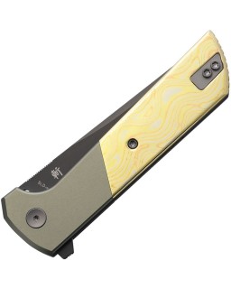 North Mountain Blade Chop2 SAN MAI Tanto SLD-Magic Steel black finish Button Lock grey aluminium bolsters Copper Damascu
