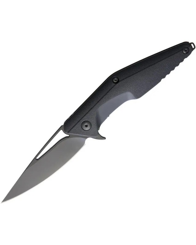 Brous Blades Division Linerlock D2 tool steel Blackout finish Spear Point blade Black polymer handle Flipper