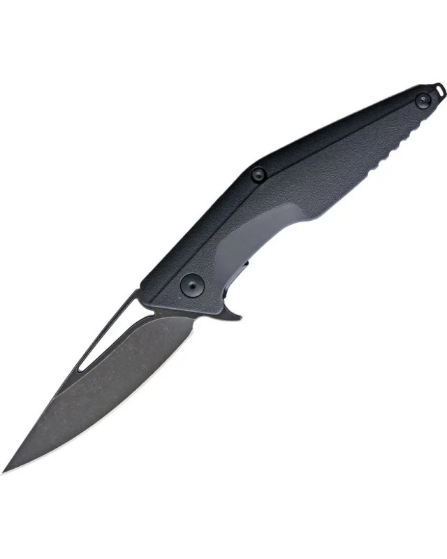 Brous Blades Division Linerlock D2 tool steel Acid Wash finish Spear Point blade Black polymer handle Flipper