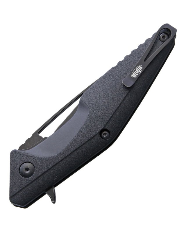 Brous Blades Division Linerlock D2 tool steel Acid Wash finish Spear Point blade Black polymer handle Flipper