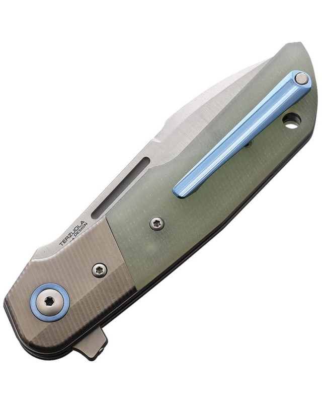 MKM Clap Linerlock satin finish Bohler M390 stainless blade jade G10 handle titanium bolsters lanyard hole pocket clip