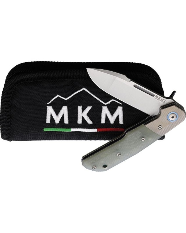 MKM Clap Linerlock satin finish Bohler M390 stainless blade jade G10 handle titanium bolsters lanyard hole pocket clip