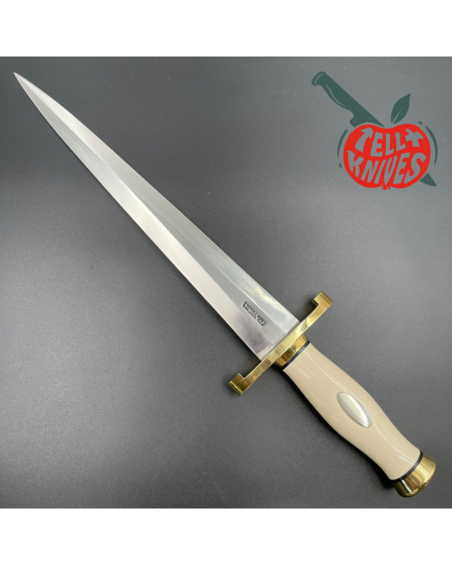 Randall Made Knives Model 13-12 Arkansas Toothpick forged carbon steel ivory micarta handle brass guard and pommel brown