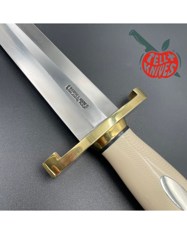 Randall Made Knives Model 13-12 Arkansas Toothpick forged carbon steel ivory micarta handle brass guard and pommel brown