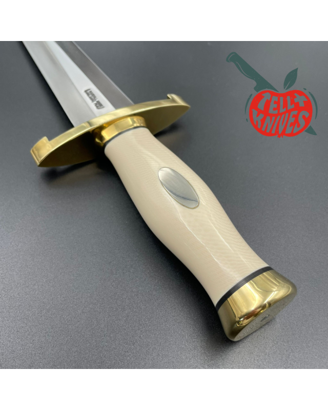 Randall Made Knives Model 13-12 Arkansas Toothpick forged carbon steel ivory micarta handle brass guard and pommel brown