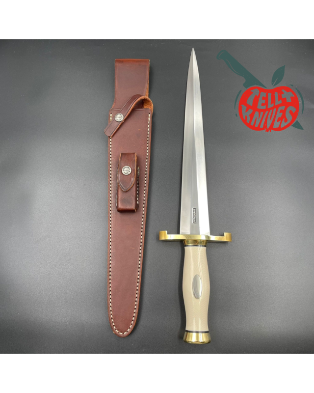 Randall Made Knives Model 13-12 Arkansas Toothpick forged carbon steel ivory micarta handle brass guard and pommel brown