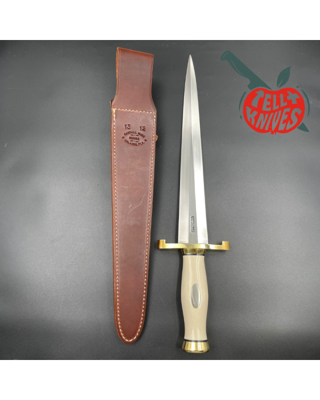 Randall Made Knives Model 13-12 Arkansas Toothpick forged carbon steel ivory micarta handle brass guard and pommel brown