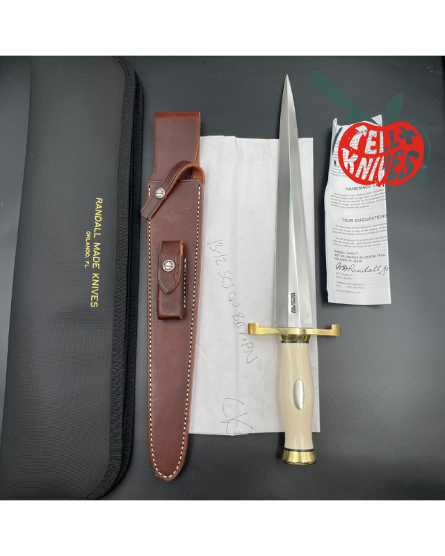 Randall Made Knives Model 13-12 Arkansas Toothpick forged carbon steel ivory micarta handle brass guard and pommel brown