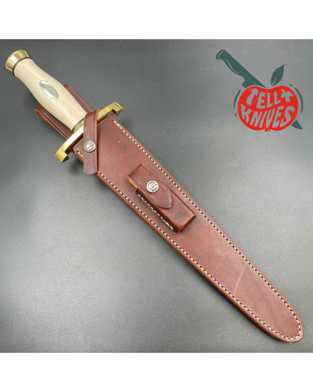 Randall Made Knives Model 13-12 Arkansas Toothpick forged carbon steel ivory micarta handle brass guard and pommel brown