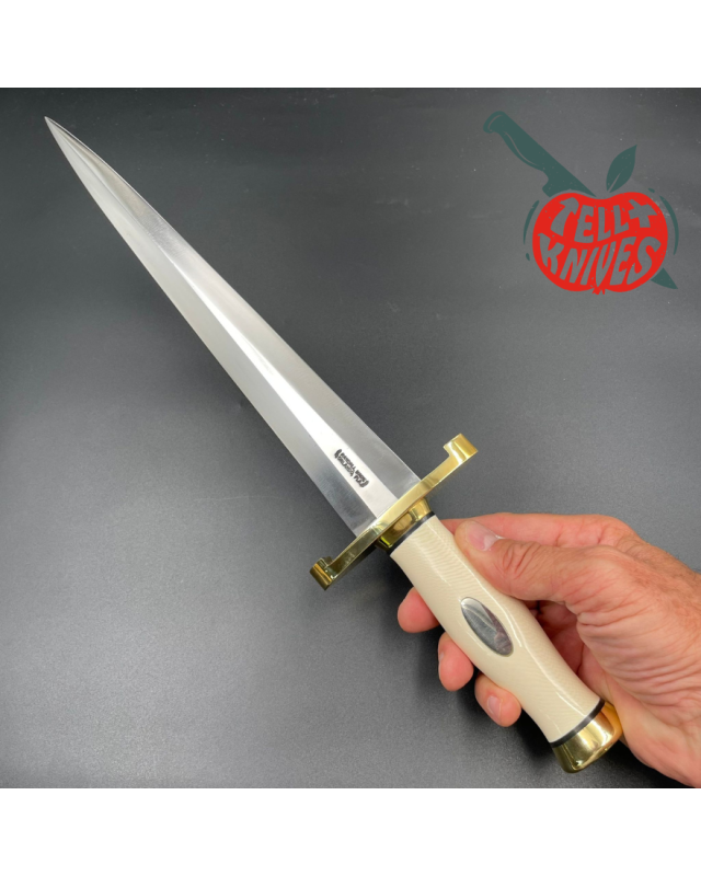 Randall Made Knives Model 13-12 Arkansas Toothpick forged carbon steel ivory micarta handle brass guard and pommel brown