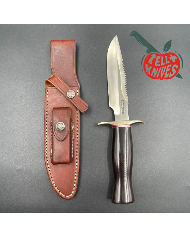 Randall Made Knives Model 1-6 forged stainless steel brown micarta handle sawteeth nickel silver guard brown leather she