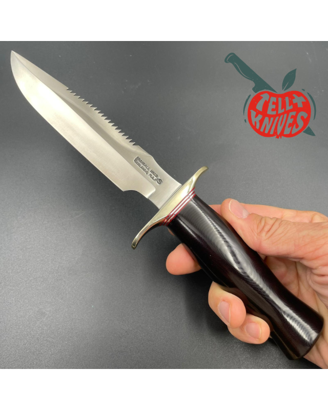 Randall Made Knives Model 1-6 forged stainless steel brown micarta handle sawteeth nickel silver guard brown leather she