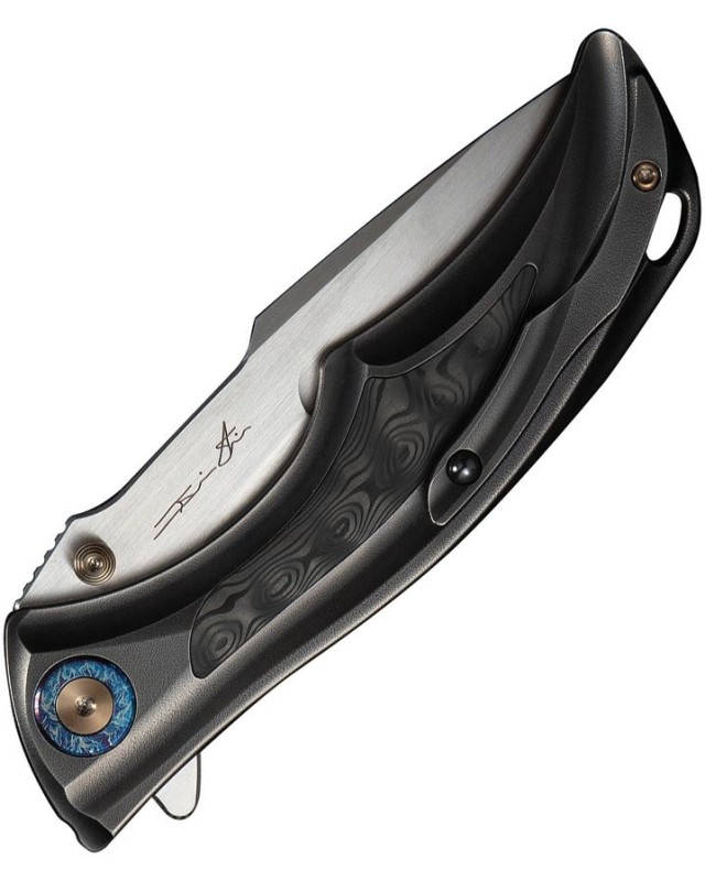 WEKNIFE Tighe Knife Satin Bohler M390 Blade Polished Gray Titanium Integral Handle Carbon Fiber Inlay Button Lock