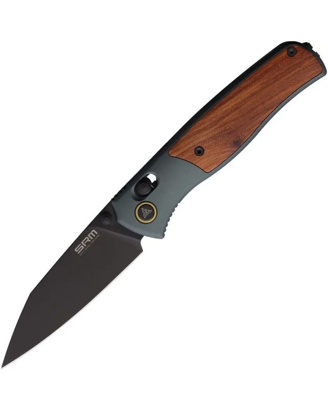 SRM Knives 259L-AG Medal folding knife 14C28N steel wharncliffe blade black finish Green aluminum handle with Rosewood inlay