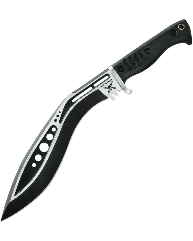 United Cutlery M48 Sabotage Kukri Fighter Full tang stainless steel two tone finish blade black rubber handle nylon shea