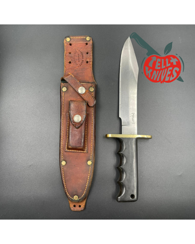 Randall Made Knives Vietnam Era Solingen Model 14 7.5 Humpback forged carbon steel green micarta handle brass hilt brown