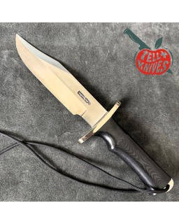 Randall Buxton Fighter Full Tang Stainless steel nickel silver forward curved hilt black micarta handle black leather sheath