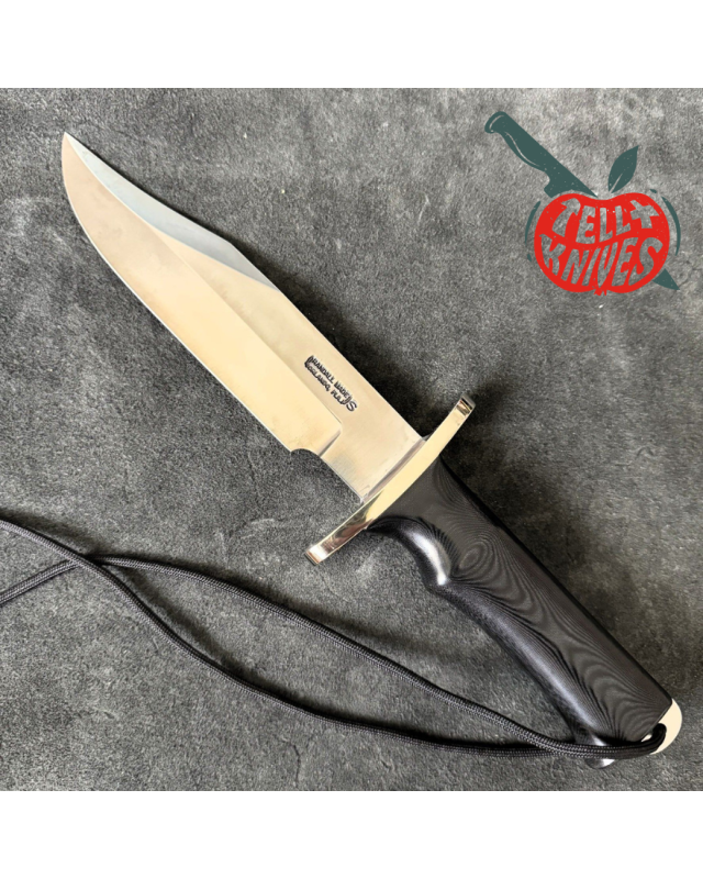 Randall Buxton Fighter Full Tang Stainless steel nickel silver forward curved hilt black micarta handle black leather sheath