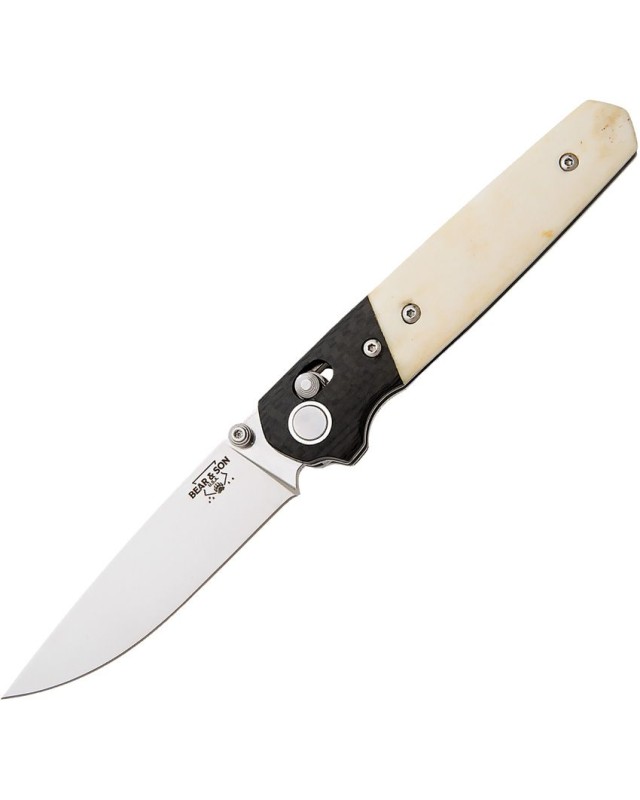 Bear & Son Lawman D2 tool steel blade Slidelock CF bolsters White Bone handle