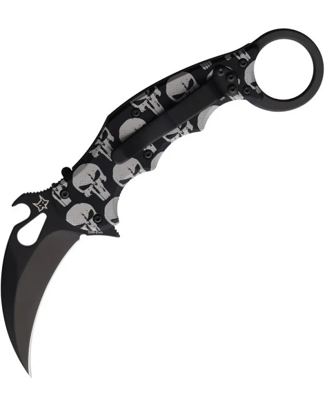 FOX Knives 599 Karambit Punisher Skulls N690 steel blade black finish black aluminium handle