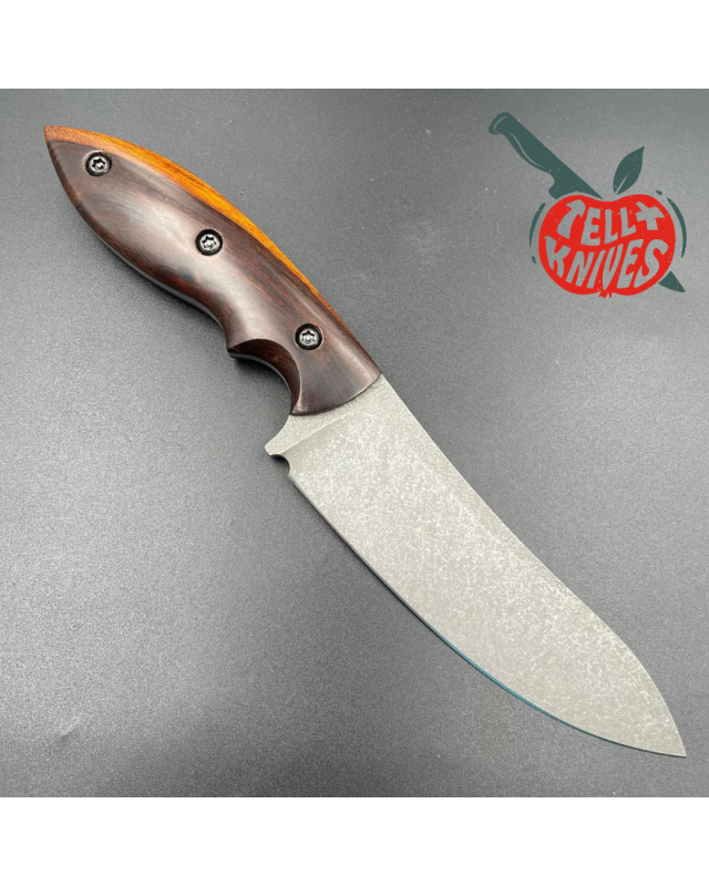 Michal Komorovsky Hunting Knife N690Co steel stonewash finish Arizona Ironwood handle brown leather sheath