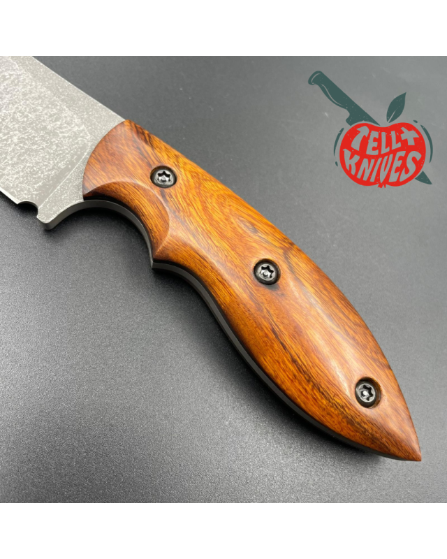 Michal Komorovsky Hunting Knife N690Co steel stonewash finish Arizona Ironwood handle brown leather sheath