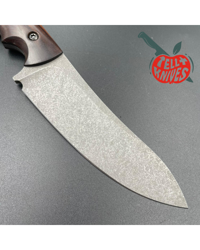 Michal Komorovsky Hunting Knife N690Co steel stonewash finish Arizona Ironwood handle brown leather sheath