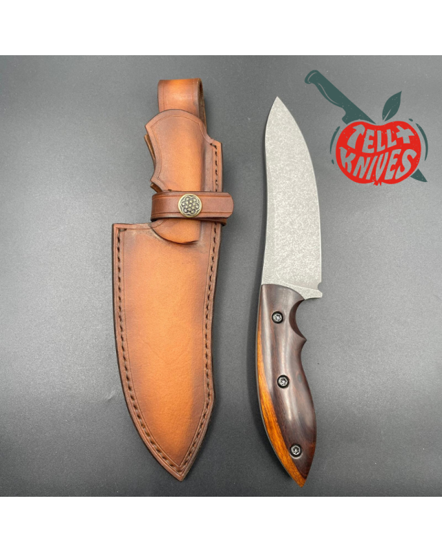 Michal Komorovsky Hunting Knife N690Co steel stonewash finish Arizona Ironwood handle brown leather sheath