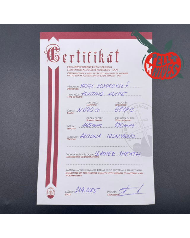 Michal Komorovsky Hunting Knife N690Co steel stonewash finish Arizona Ironwood handle brown leather sheath