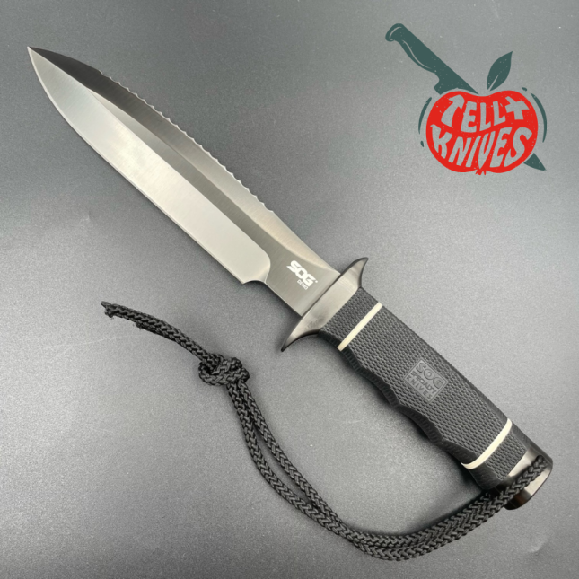 SOG Scuba Demo 2.0 fighting knife AUS-8 stainless steel Black TiNi finish black Kraton handle black leather sheath