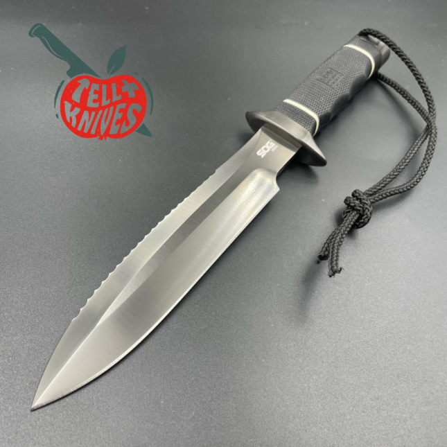 SOG Scuba Demo 2.0 fighting knife AUS-8 stainless steel Black TiNi finish black Kraton handle black leather sheath