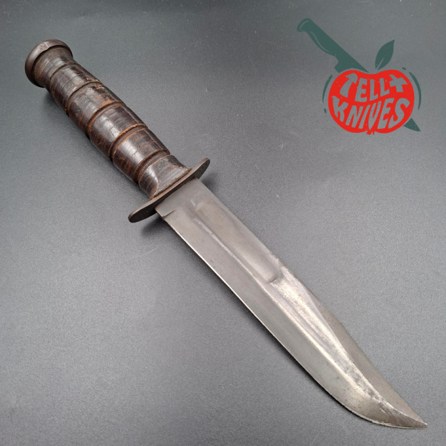 KABAR MK2 Fighting Knife WWII Era black carbon steel blade stacked leather handle gray plastic sheath