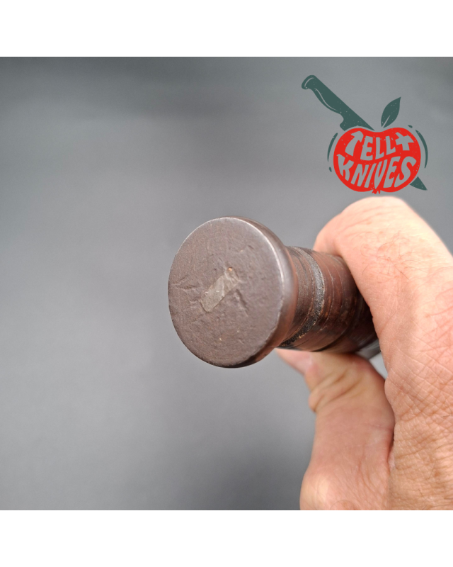 KABAR MK2 Fighting Knife WWII Era black carbon steel blade stacked leather handle gray plastic sheath