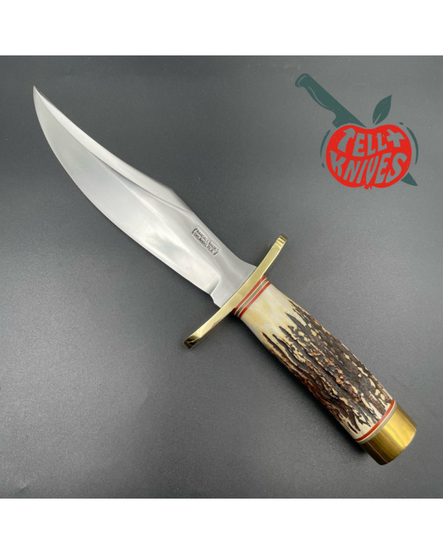 Randall Made Knives Vintage 80ies Model 12 - 8 Big Bear forged carbon steel popcorn stag handle brass guard and pommel b