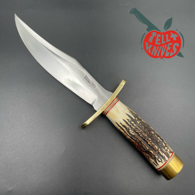 Randall Made Knives Vintage 80ies Model 12 - 8 Big Bear forged carbon steel popcorn stag handle brass guard and pommel b