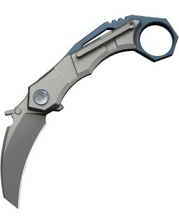 WeKnifeCo Tayra Karambit stonewash finish Bohler M390 stainless hawkbill blade blue and gray stonewashed titanium handle