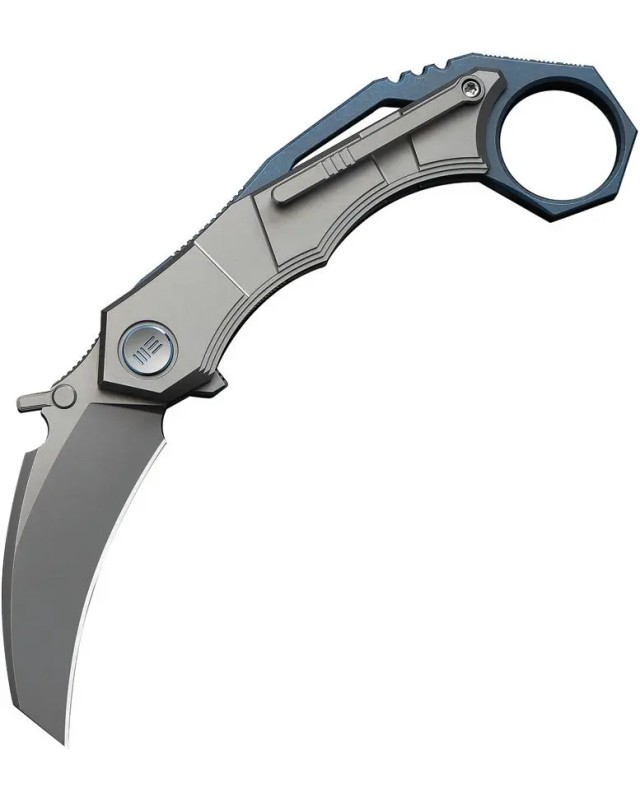 WeKnifeCo Tayra Karambit stonewash finish Bohler M390 stainless hawkbill blade blue and gray stonewashed titanium handle WeKnifeCo Tayra Karambit stonewash finish Bohler M390 stainless hawkbill blade blue and gray stonewashed titanium handle