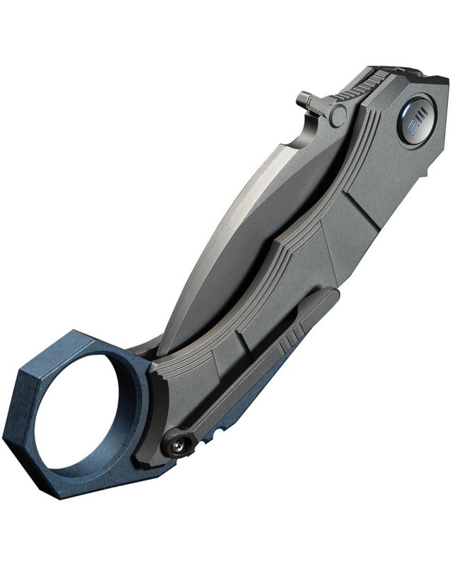 WeKnifeCo Tayra Karambit stonewash finish Bohler M390 stainless hawkbill blade blue and gray stonewashed titanium handle WeKnifeCo Tayra Karambit stonewash finish Bohler M390 stainless hawkbill blade blue and gray stonewashed titanium handle