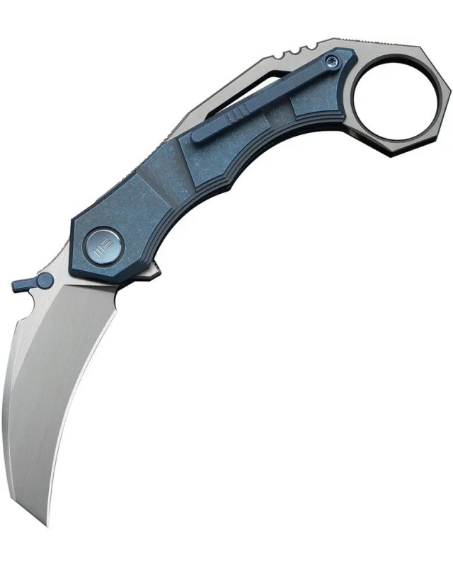 WeKnifeCo Tayra Karambit satin finish Bohler M390 stainless hawkbill blade blue stonewashed titanium handle finger ring WeKnifeCo Tayra Karambit satin finish Bohler M390 stainless hawkbill blade blue stonewashed titanium handle finger ring
