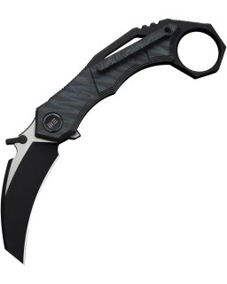 WeKnifeCo Tayra Karambit blackwash and satin finish Bohler M390 stainless hawkbill blade flame anodized titanium handle