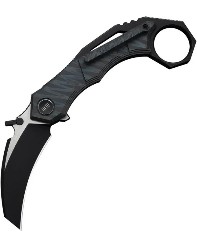 WeKnifeCo Tayra Karambit blackwash and satin finish Bohler M390 stainless hawkbill blade flame anodized titanium handle WeKnifeCo Tayra Karambit blackwash and satin finish Bohler M390 stainless hawkbill blade flame anodized titanium handle