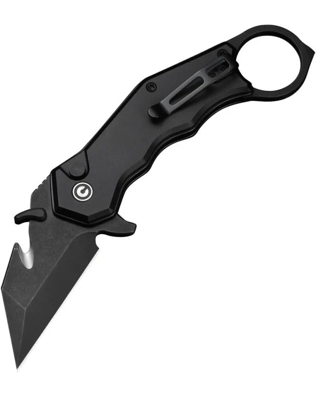 Civivi Amaroq Karambit Nitro-V stainless steel blackwash finish blade Button Lock Black Aluminium handle finger ring