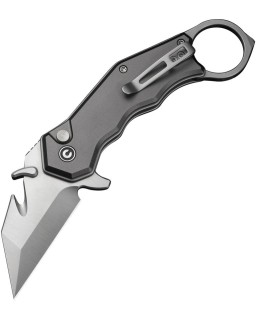 Civivi Amaroq Karambit Nitro-V stainless steel stonewash finish blade Button Lock Gray Aluminium handle finger ring