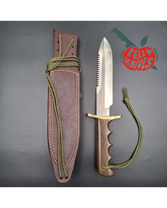 Randall Made Knives Model 14 - 7.5 full tang forged stainless steel sawteeth brass guard brown micarta handle waxed brow